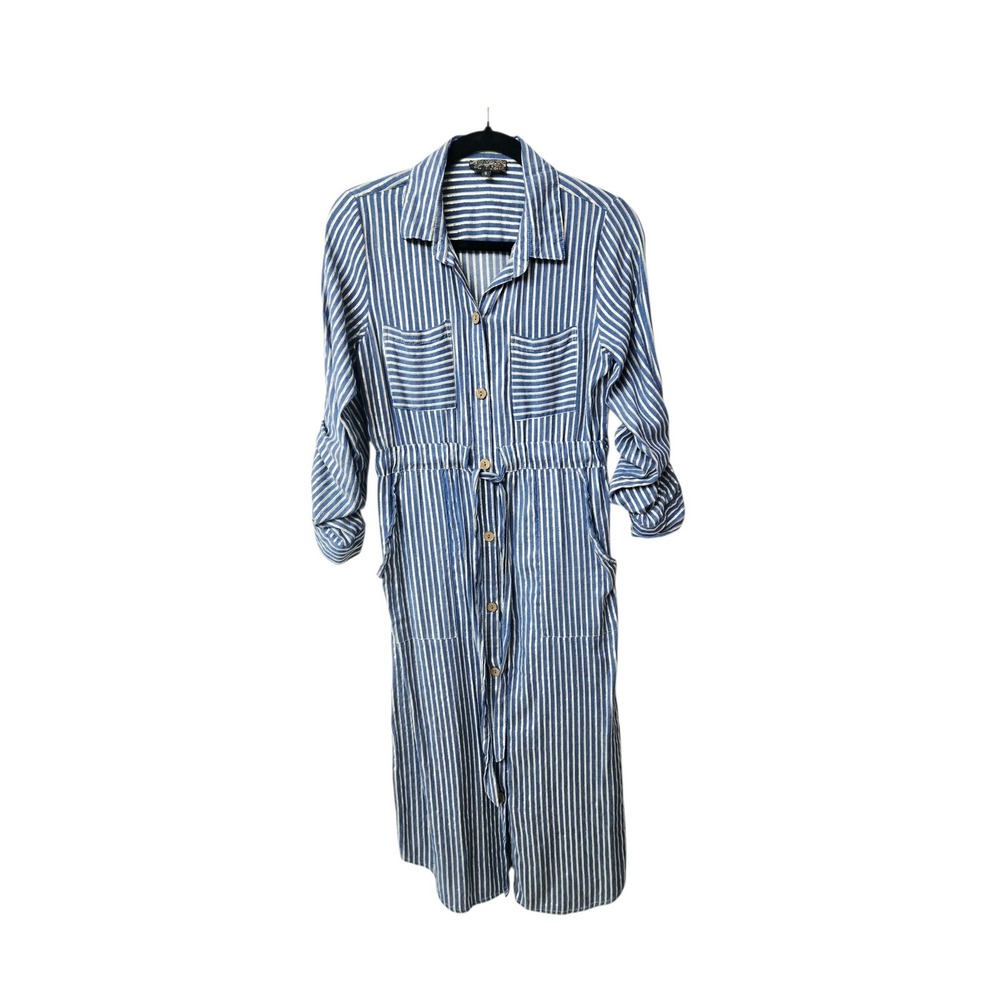 J. Gee Blue White Striped Metallic Gold Pinstripe Midi Shirt Dress Size S